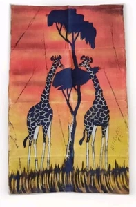 Signed African Batik Fabric Wall Art Textile Giraffes Sunset 19.5 x 31 Musoke 83 - Bild 1 von 4