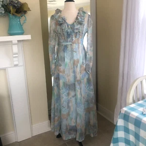 Vtg Maxi Prairie Dress Small Blue Ruffle Cottage Watercolor Candi Jones Flowy - Picture 1 of 9
