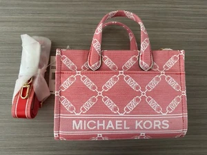 NWT Michael Kors Gigi Small Empire Logo Jacquard East West Messenger Bag Coral - Picture 1 of 12