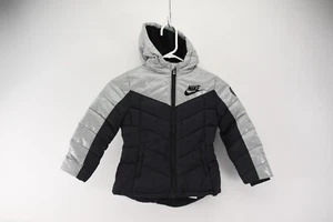 Nike Puffer Jacket Girls Size 4T 98-104cm 3-4 Black Silver Full Zip Hooded Coat - Picture 1 of 4