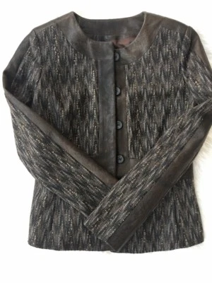 Chaqueta para mujer Bill Blass New York de lana de cuero usada en excelente estado talla 4 botones marrones Foto 1 de 4