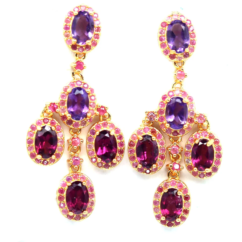 Plata 925 4 x 6 mm. Pendientes de granate, amatista y zafiro rodolita roja púrpura Foto 1 de 4
