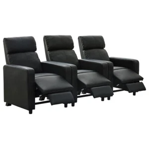 BLACK LEATHERETTE 3 THREE RECLINER RECLINING THEATER SEATS FURNITURE SOFA SET - Picture 1 of 12