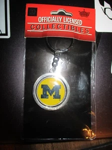 MICHIGAN WOLVERINES Spinning Block "M" Logo 1  1/2 Round Metal Keychain NIP - Picture 1 of 1