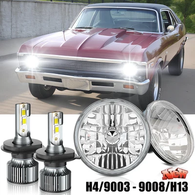 Fit Chevrolet El Camino 1971-1975 Pair 7"Inch Round LED Headlights Hi-Lo Beam - Image 1 of 4
