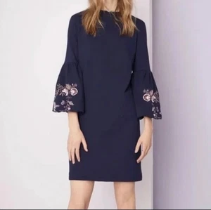 Ann Taylor LOFT Womens Large Petite Floral Embroidered Balloon Sleeve Blue Dress - Picture 1 of 11