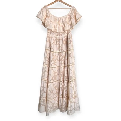 Champagne And Strawberry Burnout Ruffled Tiered Peasant Maxi Dress Women's M - Image 1 of 4