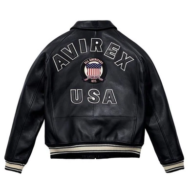 Men's Avirex Black USA Bomber Motorcycle Jacket Genuine Cowhide Leather Jacket - Image 1 of 4