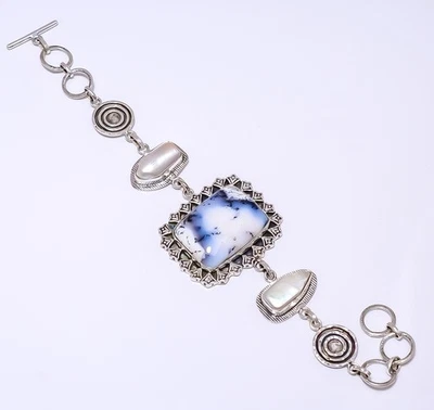 Merlinite Dendritic Opal -Brazil 925 Sterling Silver Bracelet 7-8.99" 8.99" B4 - Image 1 of 4