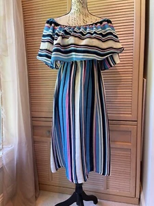 SPIRIT OF GRACE - Schulterfreies A-Linien-Kleid mit Rüschen und mehrfarbigen Streifen Gr. L - Bild 1 von 8