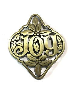 Vintage Metal Trivet Christmas JOY Brass Wall Hanging Decoration Holly Mistletoe - Picture 1 of 6