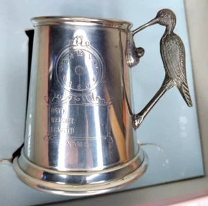 VTG 1976 Baby Cup Made in England Genuine Pewter Stork Handle Engravable NOS/Box - Picture 1 of 10