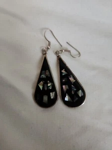 Mexico Alpaca Silver Handmade Earrings, Teardrop With Abalone And Resin - Picture 1 of 2