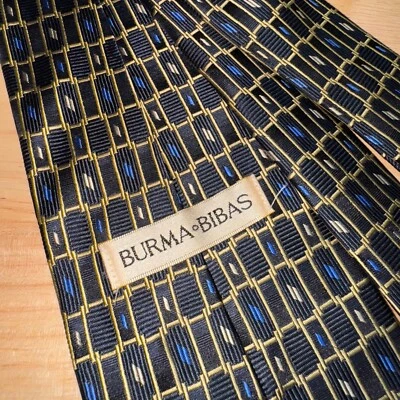 Corbata de cuello vintage Birmania Bibas azul marino estampado geométrico seda para hombre hecha en EE. UU. Foto 1 de 4