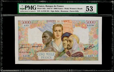 5000 Francs 1945-47 Pick#103c France, Banque de France PMG 53 About Uncirculated - Image 1 of 3