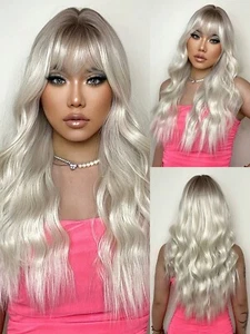 Ombre 28 Inch Wig Long Body Wave With Bangs Women's Wig Wavy Heat Resistant Wig - Picture 1 of 6