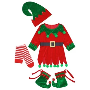 Kids Girls Christmas Costume Set Holiday Top+Stockings+Hat Party Candy Cane Elf - Picture 1 of 18