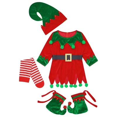Conjunto de Disfraz de Navidad para Niños Niñas Top de Vacaciones + Medias + Sombrero Fiesta Bastón de Caramelo Elfo Foto 1 de 4