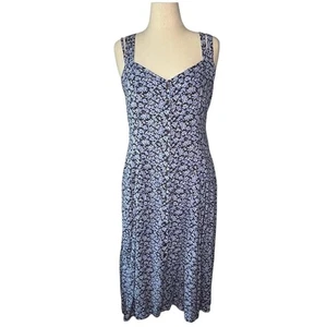 Vtg Midi Dress Size 14 Ditsy Floral Blue Smocked 90s Button Front Y2K - Picture 1 of 9