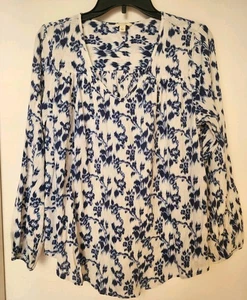 Sonoma White With Navy Blue Flowers Women's Blouse Long Sleeve Size L - Picture 1 of 3