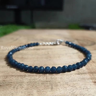 Delicada pulsera de zafiro, pulsera de piedras preciosas azules de 4 mm, zafiro de plata de ley Foto 1 de 3