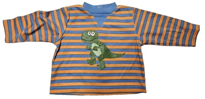 Camisa dinossauro manga longa colarinho listrado laranja azul Simply Basic 6-9 meses - Imagem 1 de 3
