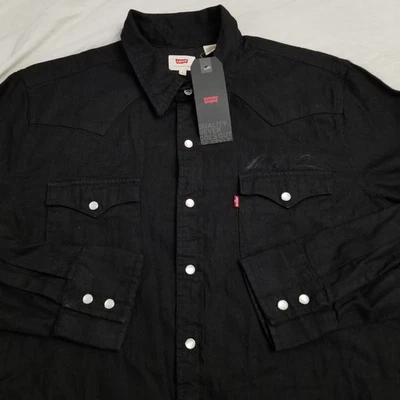 Levis Barstow Western Black Denim Shirt Mens Large Black Pearl Snap Cowboy - Image 1 of 4