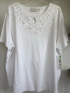 Alfred Dunner 2X Plus Damen weiß Blumen Perlen Kurzarm Freizeit Shirt Neu mit Etikett✨ - Bild 1 von 17