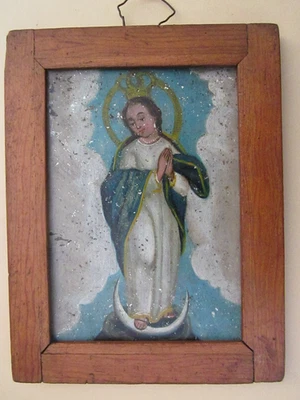 Antigua pintura al óleo sobre lata de Nuestra Señora de Guadalupe de los siglos XIX/XX Foto 1 de 4