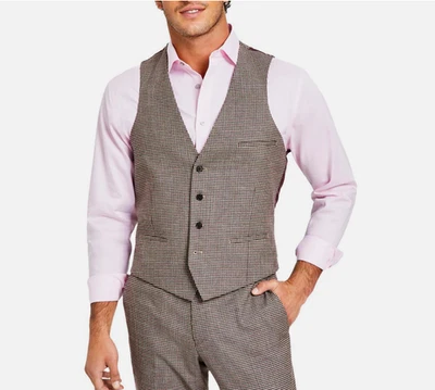 Bar III Men Slim Check Burgundy Black Tan Suit Vest Size M NEW    HETHVC2U0064 - Image 1 of 2