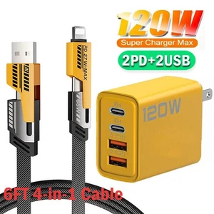 120W Fast Type C Wall Charger & 6FT 4 in 1 Cable For iPhone 16e 15 14 13 Pro Max - Photo 1 sur 18