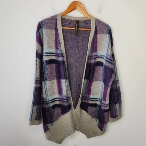 Aratta Silent Journey Purple Plaid Cardigan Womens Size Medium Oversized Fuzzy - Picture 1 of 5