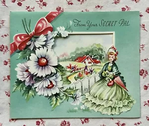 Tarjeta de felicitación vintage de mediados de siglo de regalo secreto de pal dama victoriana casa de campo SIN USAR - Imagen 1 de 5