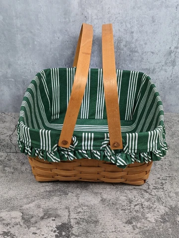 Longaberger 1997 Square Picnic Basket Green Stripe Fabric Liner 12"x12"x6" Cover