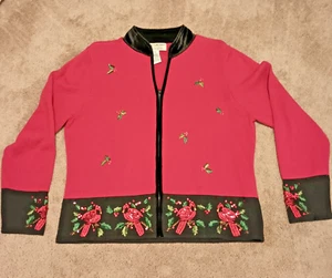 Heirloom Collectibles  Christmas Sweater Cardinals Holly Beaded Zip Cardigan XL - Picture 1 of 12