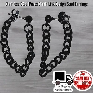 Stainless Steel Posts Black Chain Link Design Pushback Stud Earrings - Picture 1 of 3
