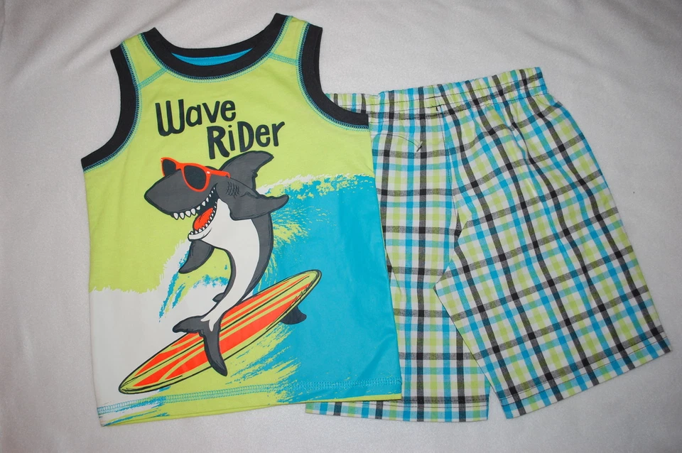 Toddler Boys SHARK SURFING TANK TOP Wave Rider PLAID SHORTS Lime Turquoise 3T - Image 1 of 1