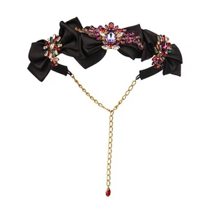 DOLCE & GABBANA Crystal Ribbon Brooch Chain Belt for Dress Black Gold S M 09338 - Picture 1 of 4