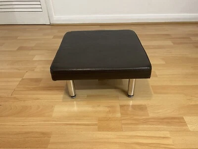Retro Style Footstool Foot Rest With Brown Faux Leather Upholstery & Chrome Legs - Image 1 of 4