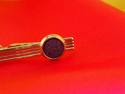 Tie Bar Clip Vintage Beautiful Purple Man-Made Goldstone Glass Faux Gemstone - Image 1 of 4