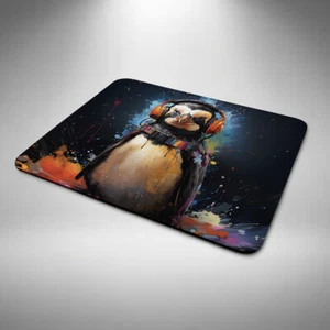 Penguin Mouse Mat Funny Birthday Day Office Xmas Gift Budgie DJ Headphones - Picture 1 of 1
