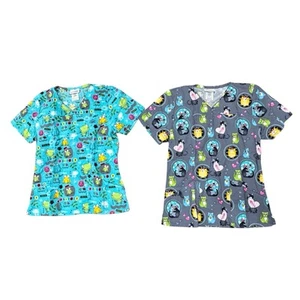 2 Scrubstar Scrub Tops Women’s Sz XS Blue w/Frogs Gray w/Cats Animals Cotton EUC - Picture 1 of 10