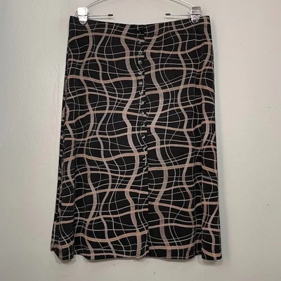 Briggs Midi Button Skirt Size XL Black Tan Stretch Slinky Abstract Artsy Travel - Image 1 of 4