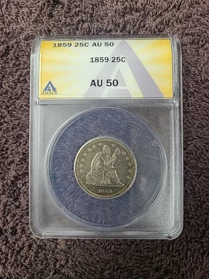 1859 SEATED LIB. QUARTER  "No Motto" ANACS AU-50 See Rev  - Image 1 of 4