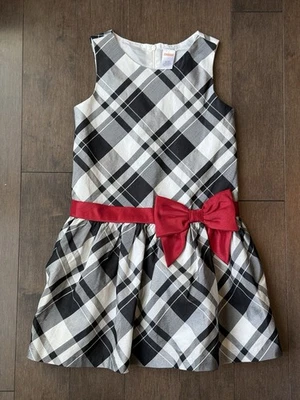 Gymboree Very Merry Plaid Dress Holiday New Gray & White Iridescent w/ Red Bow - Image 1 of 4