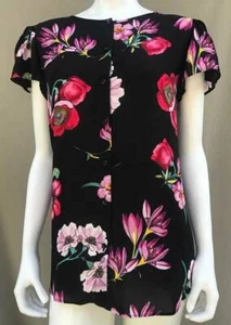 NUEVO ANN TAYLOR Negro Floral Botones Blusa Carrera Camisa Top 0 2 XS - Imagen 1 de 4