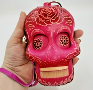 Sugar Skull Leather Wristlet Wallet Handmade Day of the Dead Coin Purse Keychain - Picture 1 of 15