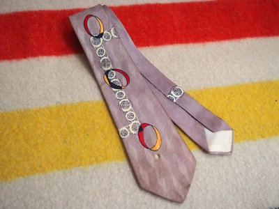 VTG 40s 50s Rockabilly Atomic Abstract Rings Swing Gray Beatnik Silk 3" Tie - Image 1 of 4