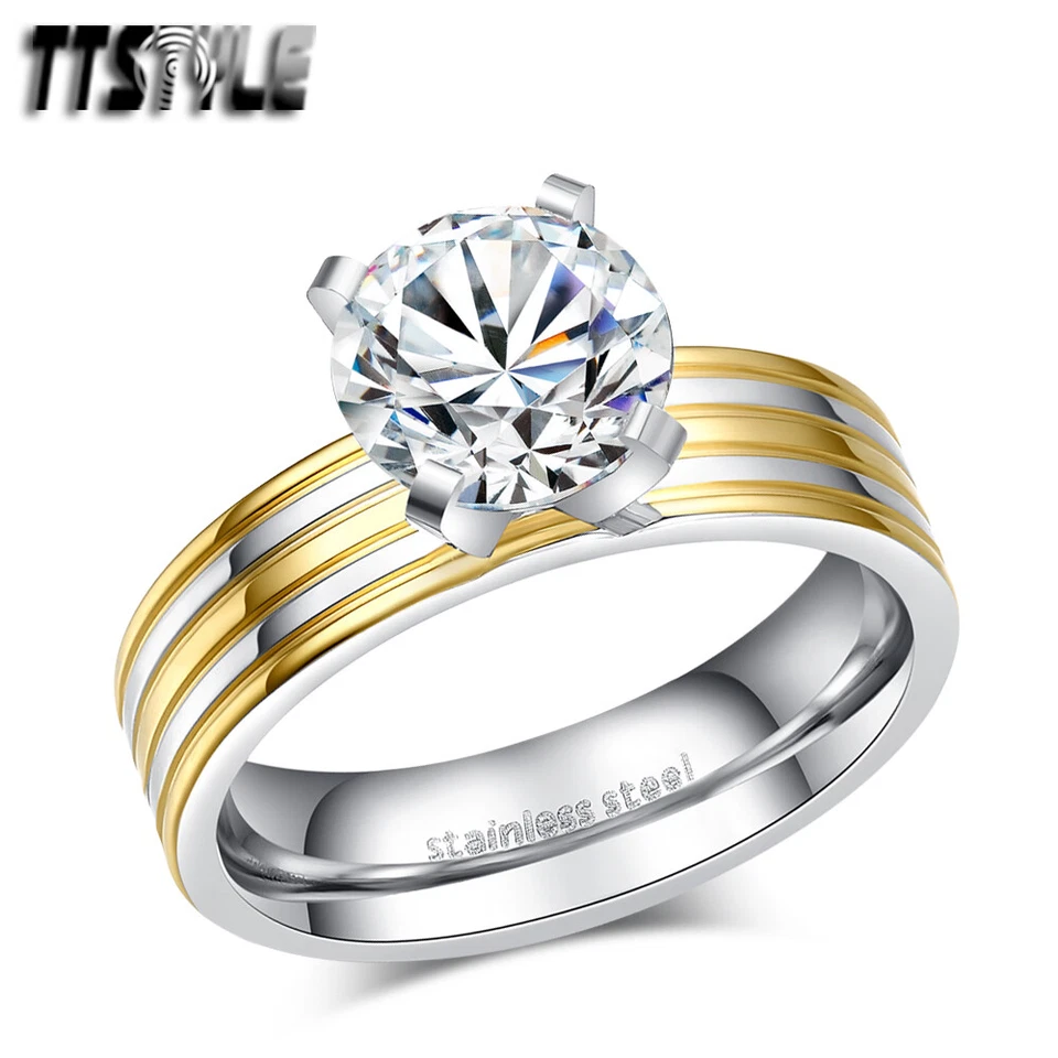 Alianza de boda estilo TTS rayas plateadas/doradas de acero inoxidable Foto 1 de 1