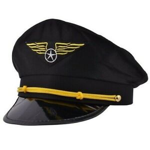 Black Airline Pilot Captain Peaked Cap Fancy Dress Mens Uniform Costume Hat New